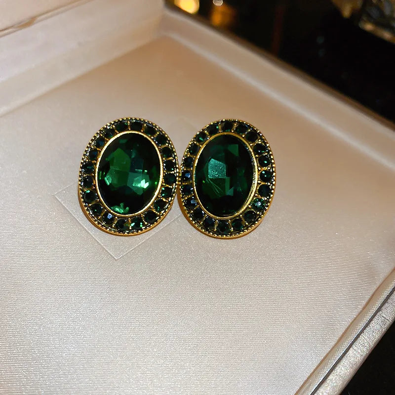 Green Zircon Flower Geometric Earrings Versatile Luxury Sensation French Vintage Style Four-sided Oval Shaped Women's Jewelry