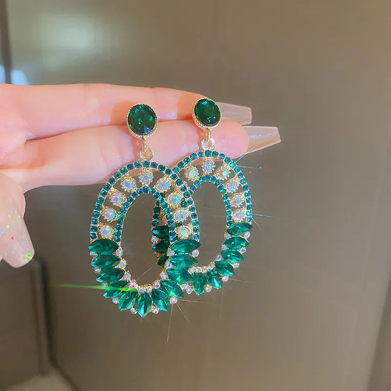 Green Zircon Flower Geometric Earrings Versatile Luxury Sensation French Vintage Style Four-sided Oval Shaped Women's Jewelry