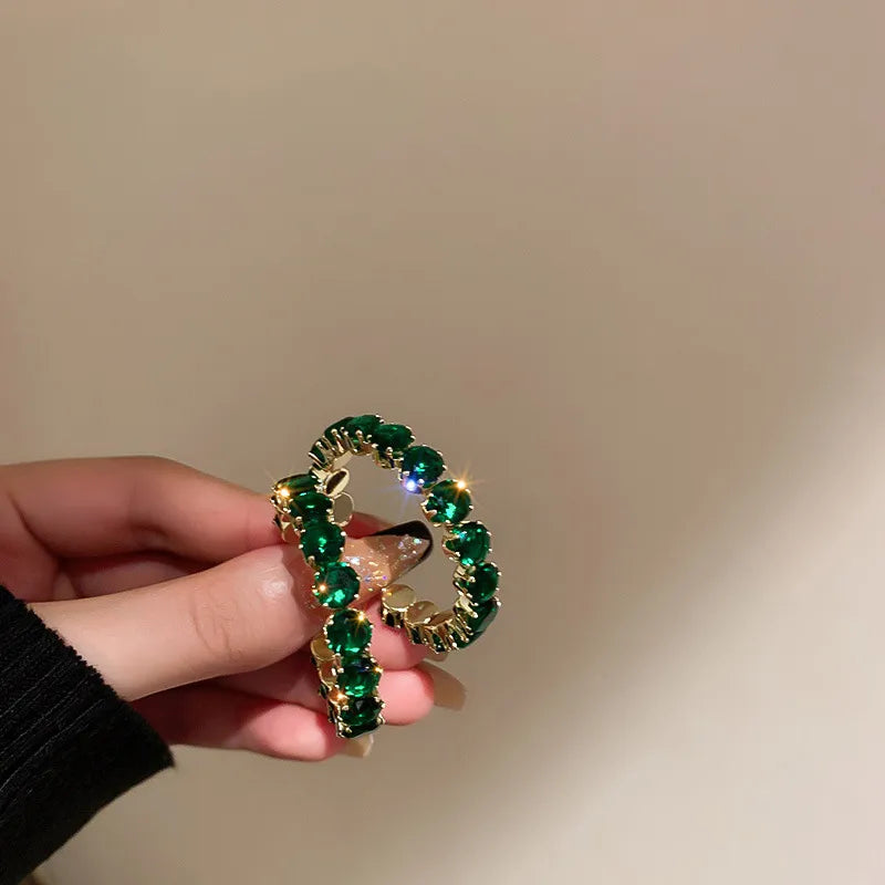 Green Zircon Flower Geometric Earrings Versatile Luxury Sensation French Vintage Style Four-sided Oval Shaped Women's Jewelry