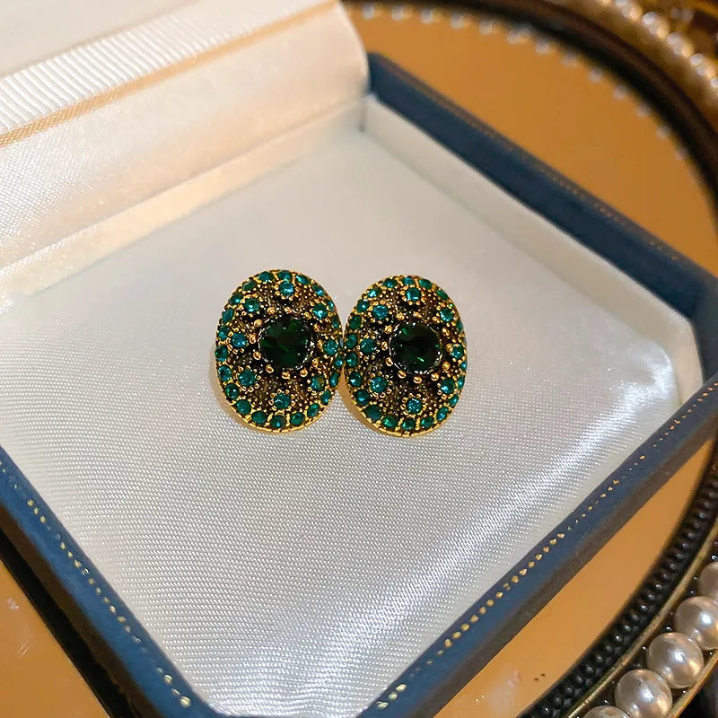 Green Zircon Flower Geometric Earrings Versatile Luxury Sensation French Vintage Style Four-sided Oval Shaped Women's Jewelry