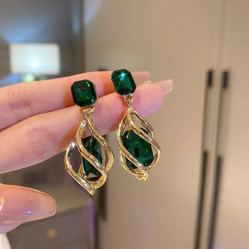 Green Zircon Flower Geometric Earrings Versatile Luxury Sensation French Vintage Style Four-sided Oval Shaped Women's Jewelry