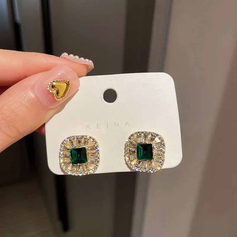 Green Zircon Flower Geometric Earrings Versatile Luxury Sensation French Vintage Style Four-sided Oval Shaped Women's Jewelry