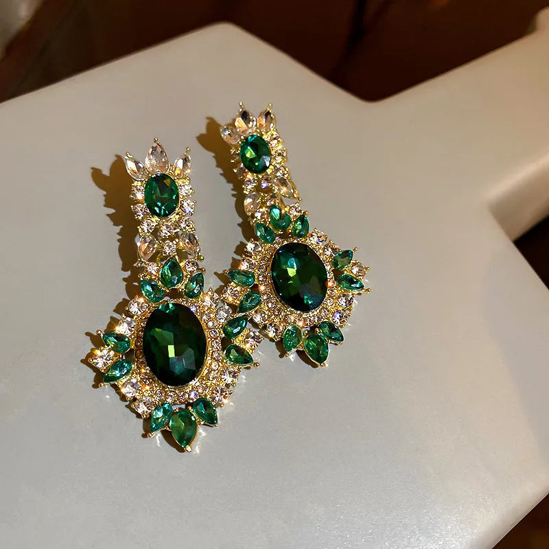 Green Zircon Flower Geometric Earrings Versatile Luxury Sensation French Vintage Style Four-sided Oval Shaped Women's Jewelry