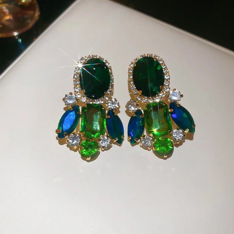 Green Zircon Flower Geometric Earrings Versatile Luxury Sensation French Vintage Style Four-sided Oval Shaped Women's Jewelry