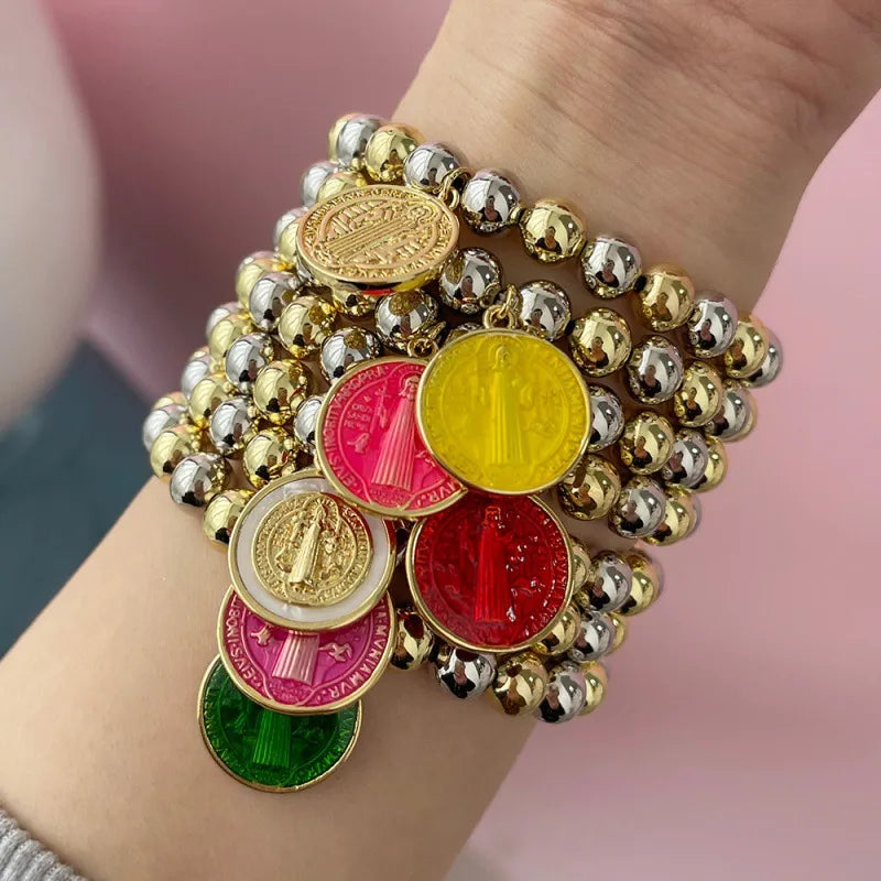 Handmade Coin Pendant Bracelet Set Multiple Layers Elastic Beads Doll And Insect Pattern Simple Style For Women Copper Alloy