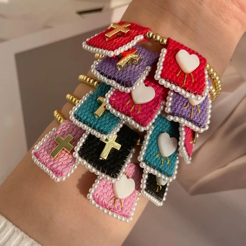Handmade Religious Mary Cloth Belt Bracelet Steel Beads Jewelry Unisex Geometric Heart Pattern Cross Design Fashion Accessories
