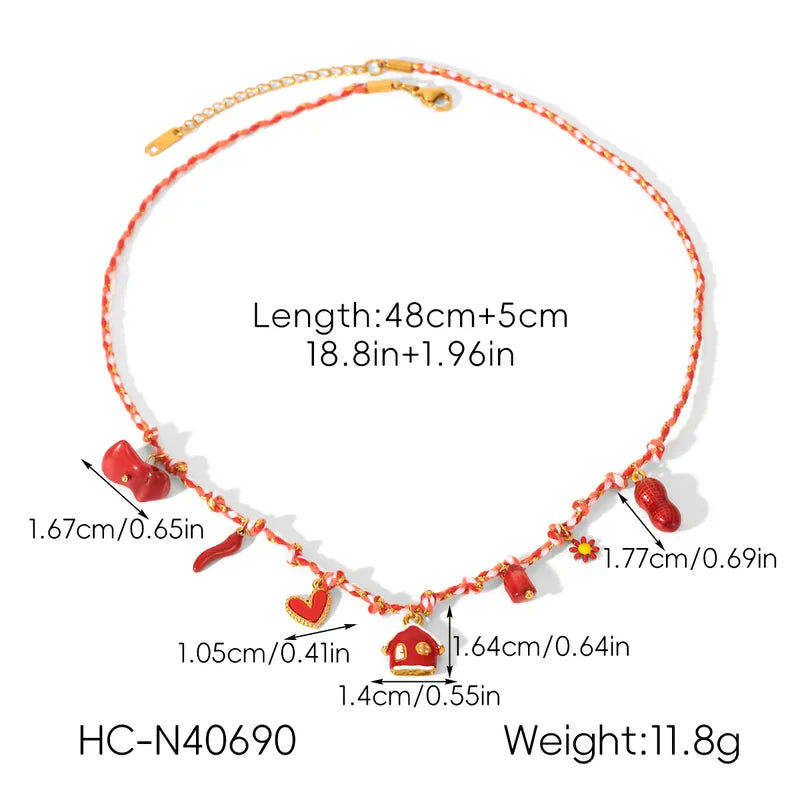 Heart House Chili Pendant Stainless Steel Oil Drop Plastic Pendant Handmade Pure Rope Braided Necklace Women DIY Collarbone Chain