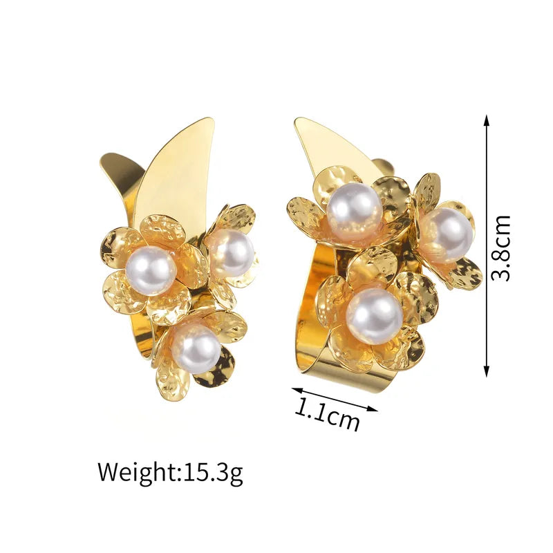 High Polished Gold Plated Stainless Steel Pearl Earrings Women's Floral Pearl Earrings