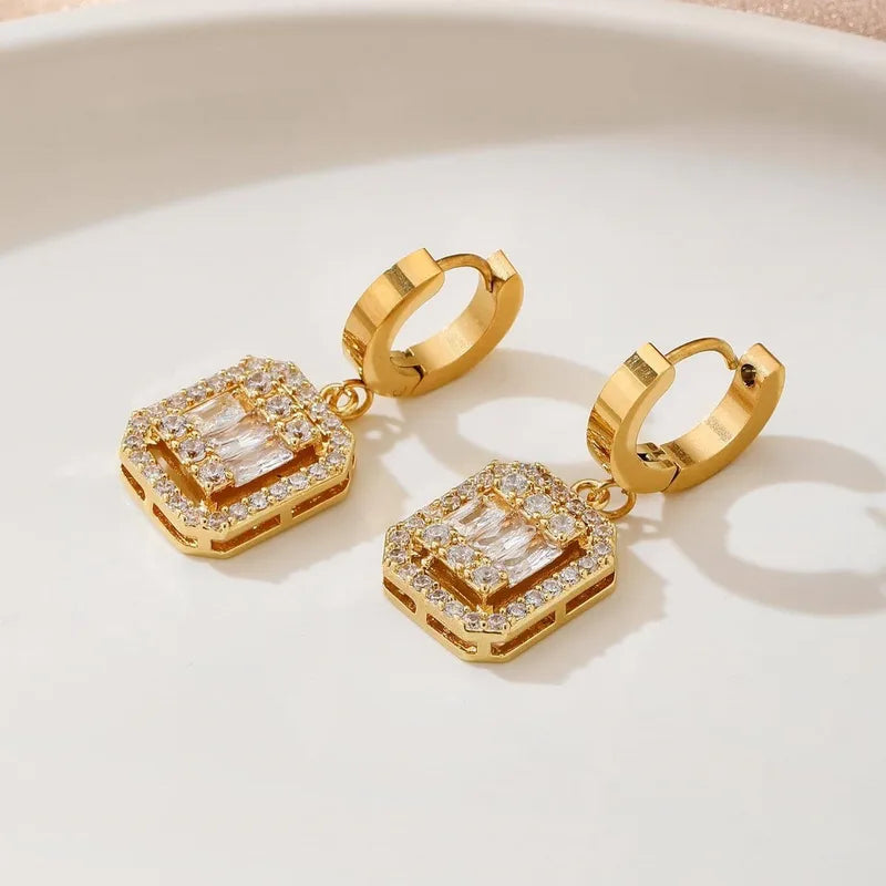 Hot Fashion Light Luxury Square Style Inlaid Zircon High-End Electroplating Craft 316 Stainless Steel Copper Earrings In Stock