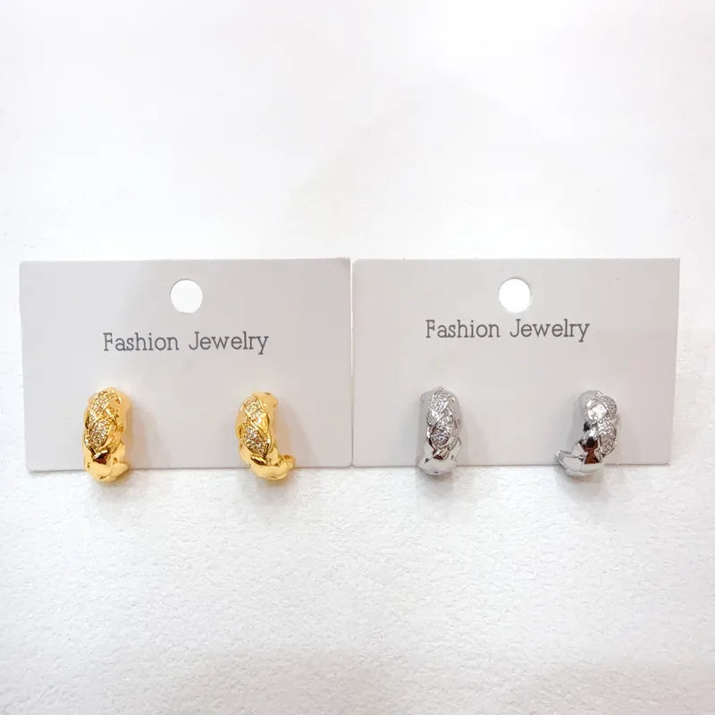 Hot Selling Water Plated Micro Paved Zircon C Shaped Earrings Fashionable Women's Daily Wear Copper Post