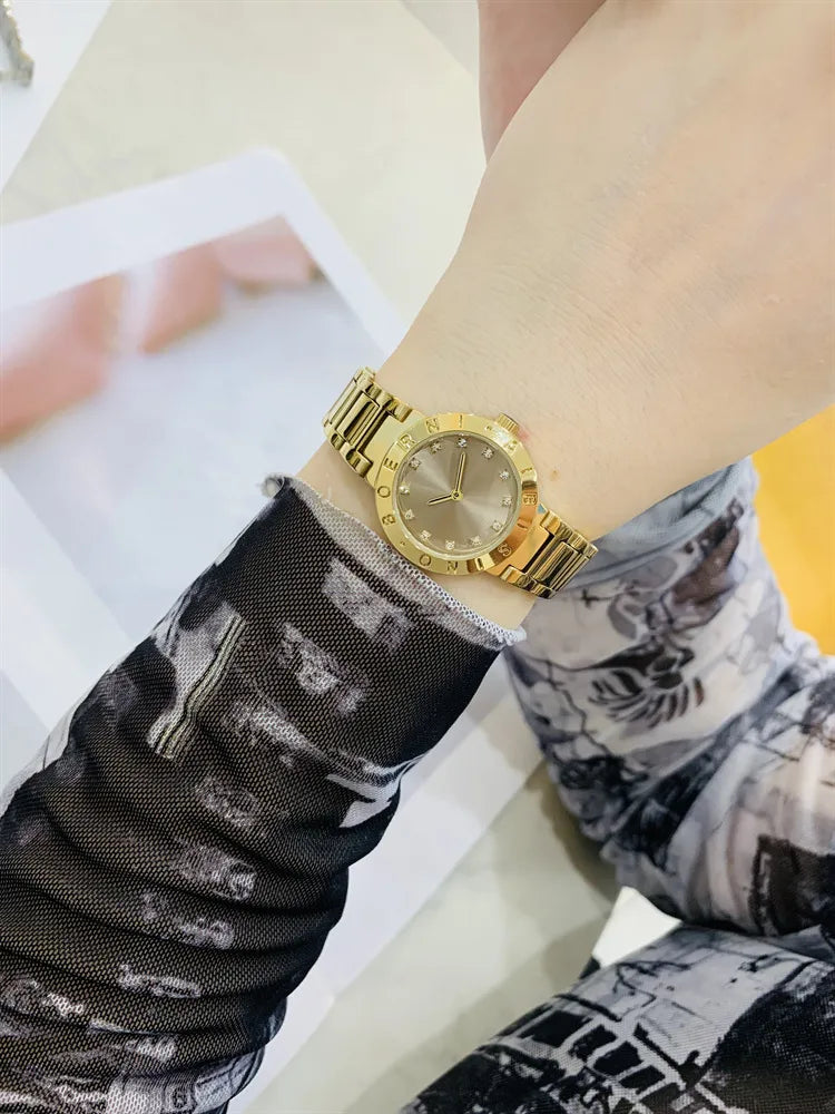 IBSO Gold Diamond Embedded Ladies Watch Small Dial Waterproof Fashionable Quartz Stainless Steel Band Round Shape Luxury Brand (Copy)