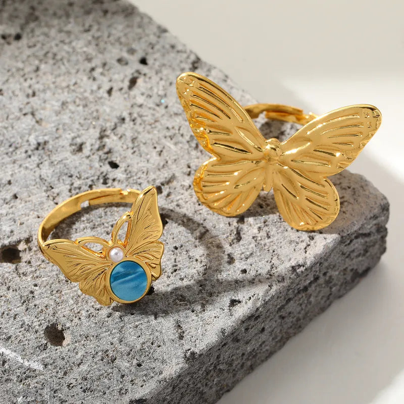 Ion Plating (IP) Real Gold Plated 18K Gold Geometric Butterfly 304 Stainless Steel Cute Basic Simple Style Waterproof Non Tarnish Rings