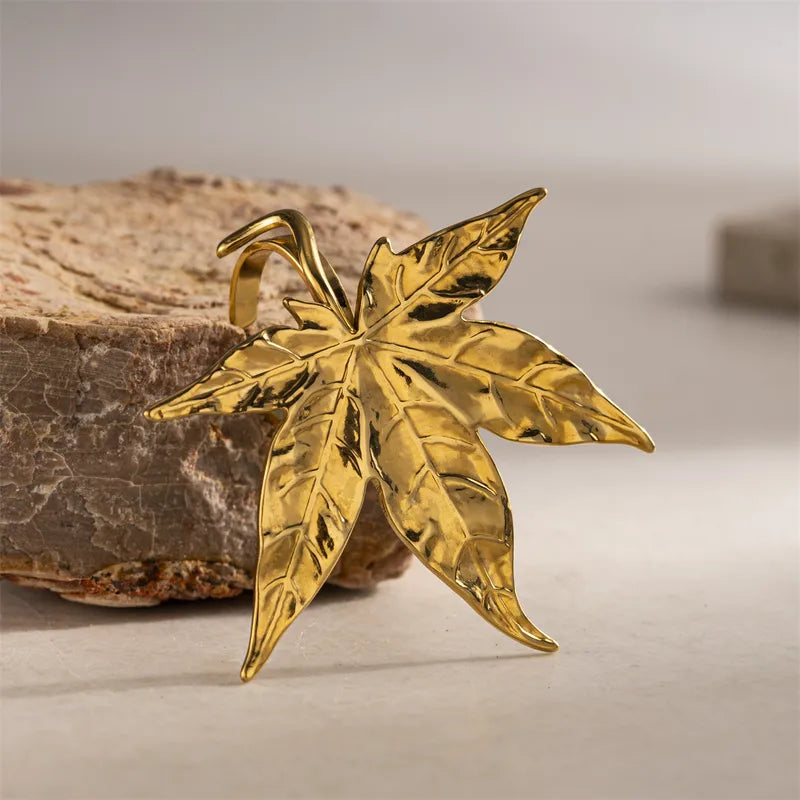 Leaf Shaped Stainless Steel 18K Gold Open Ring For Women Non Fading Fashionable Titanium Steel Ring Elegant Leaf Design Jewelry