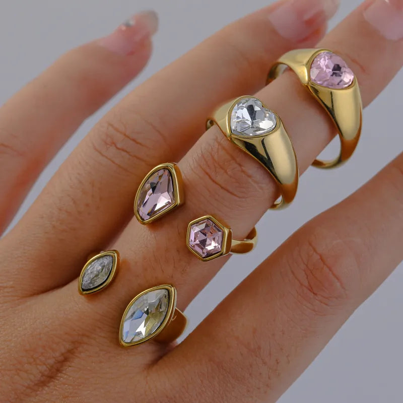 Elegant Open Ring Stainless Steel Plated 18K Gold Set With Zirconia Triangle Rhombus Design Casual Versatile Jewelry Accessory