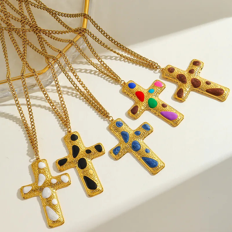 Luxury Design 18K Gold Plated Stainless Steel Cross Pendant Necklace Women's Casual Romantic Commute Jewelry Cable Chain