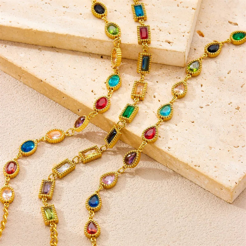 Micro-inlaid Geometric Colorful Gemstone Chain Bracelet Oval Water Drop Square Women's Stainless Steel Jewelry Accessories