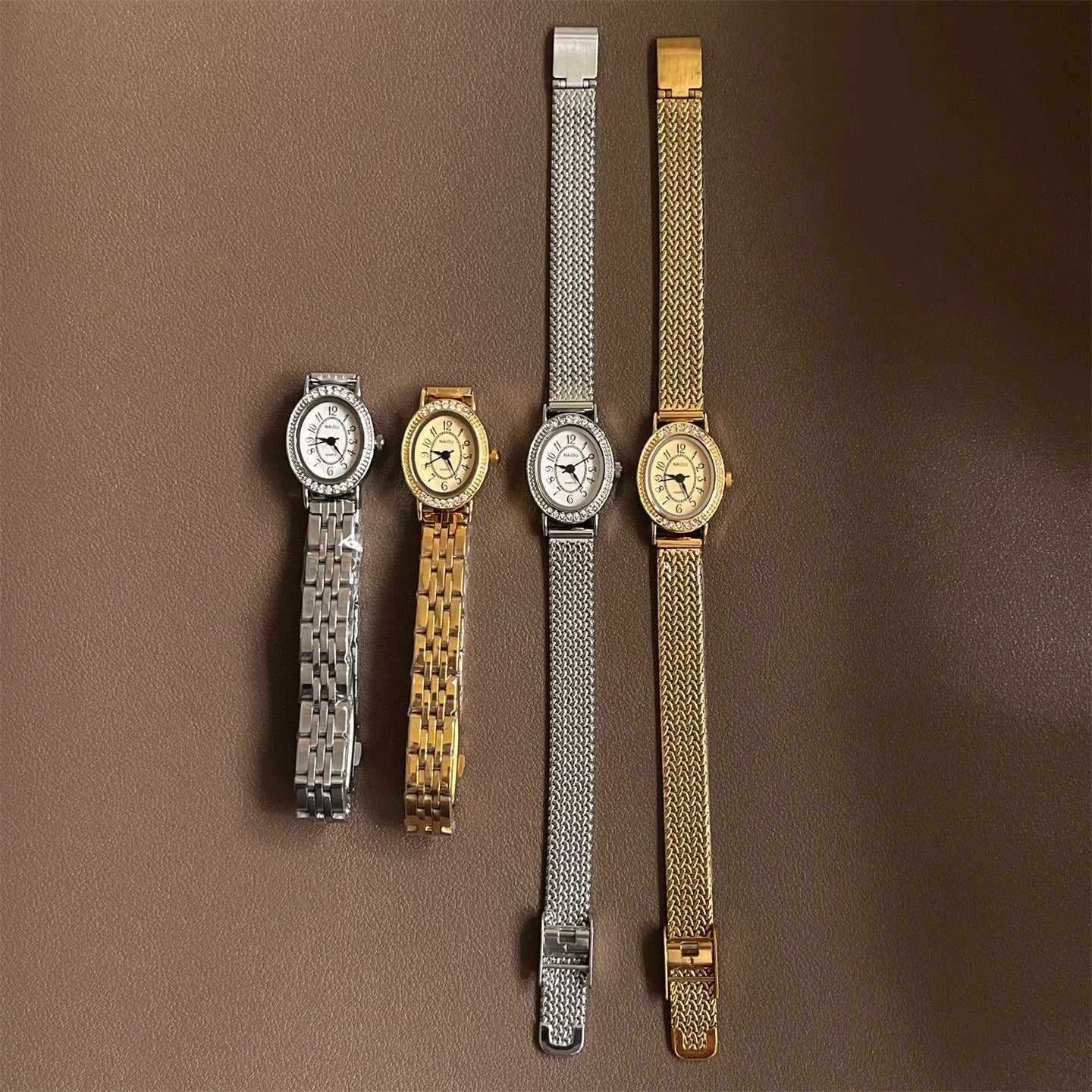 NAIDU Vintage Oval Quartz Watch Women's Diamond Embedded Stylish Retro Fashion Hand-Wound Wristwatch Elegant Timepiece