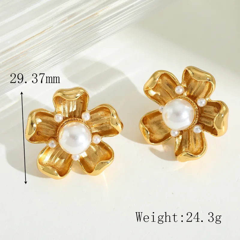 1 Pair Elegant Cute Retro Geometric Flower Plating Inlay 304 Stainless Steel Imitation Pearl 18K Gold Plated Ear Studs