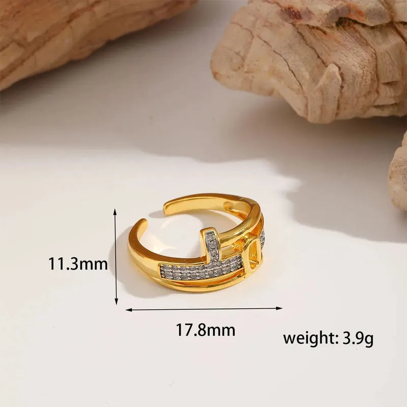 Geometric Open Ring Copper Plated 18K Gold Adjustable Size Holiday Outdoor Selfie Suitable For Men And Women Zirconia Embedded