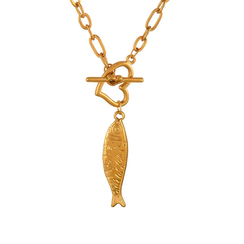 Luxurious Titanium Steel Fish Bone OT Buckle Heart Shaped Necklace For Women Fashionable Versatile Light Weight Pendant Necklace