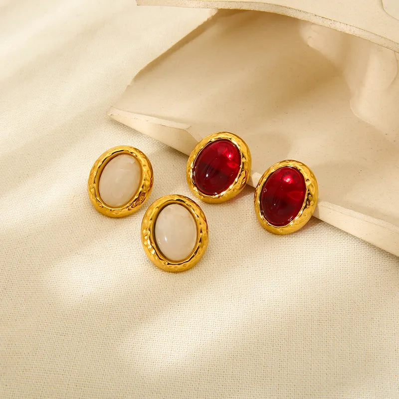 Natural Stone Embedded Oval Earrings Stainless Steel 18K Gold Plated Women's Fashion Geometric Pattern Waterproof Hoops