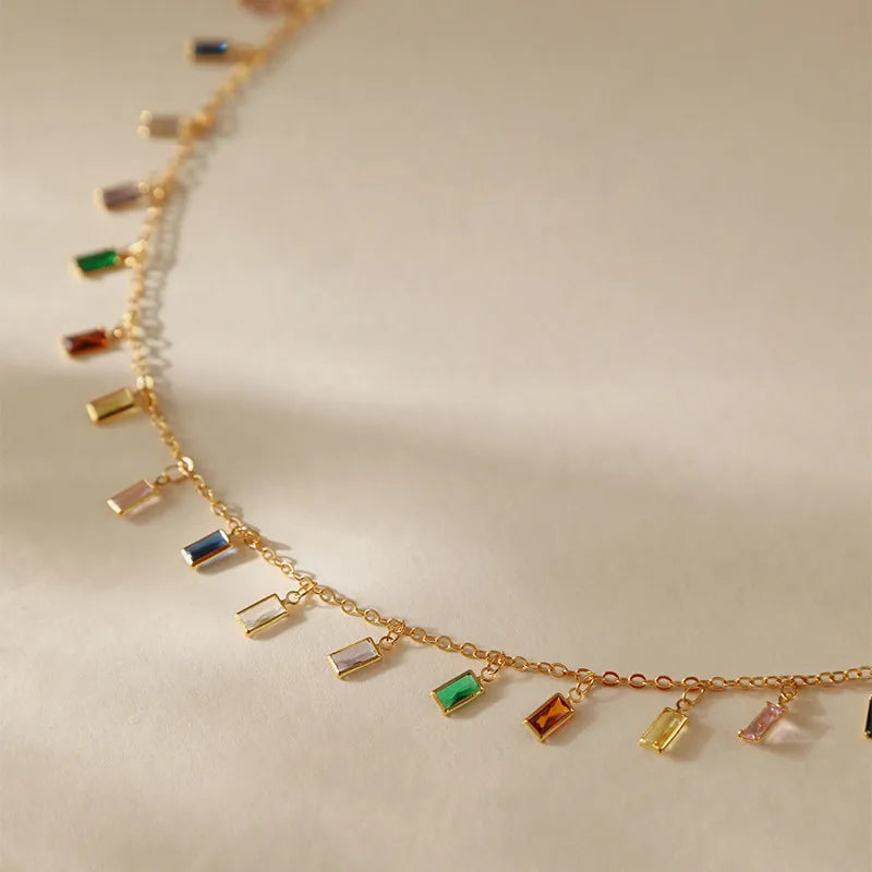 New Colorful Glass Material Long Strip Design Chain Necklace Copper Plated 18K Gold Real Gold Chain Sweet Style For Women