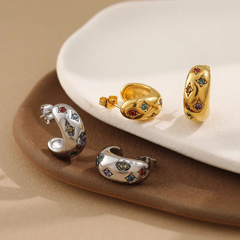 New Fashionable Titanium Steel Color Zircon Earrings Women's High-End Gold Plated Geometric Pattern Jewelry Accessories