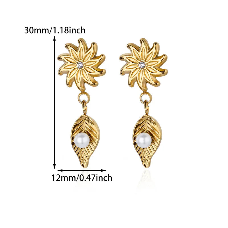 New INS Style Gold Stainless Steel Flower Leaf Series Earrings 18K Simple High-End Vintage Earrings