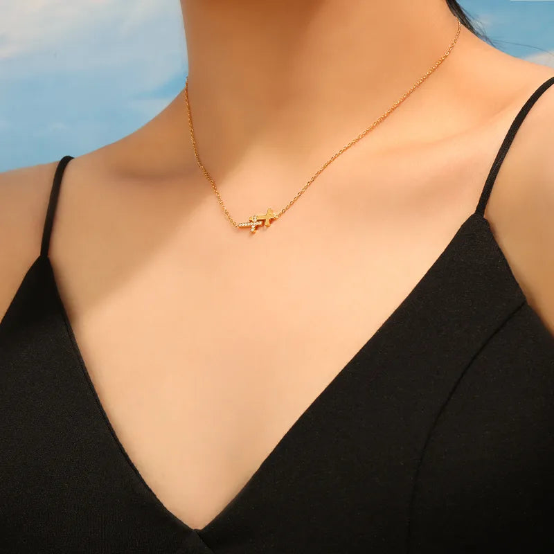 New Style Ins Double Cross Simple Luxury Titanium Steel Plated Real Gold 24K Necklace Clavicle Chain Jewelry For Women