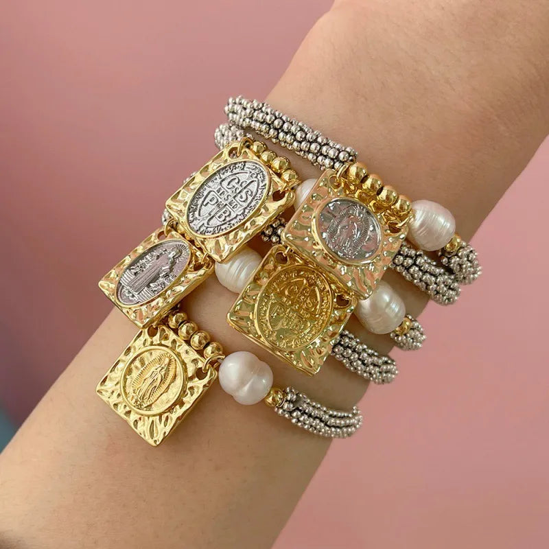 New Style Long Rectangle Full Diamond Heart Portrait Women's Color Retention Pearl Beaded Bracelet