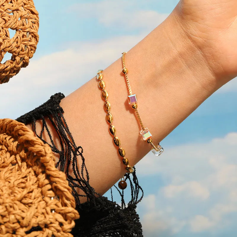 New Style Titanium Steel Crystal Sugar Cube Bracelet Women's Fashion Jewelry Golden Color Luxury Sensation Business Occasion