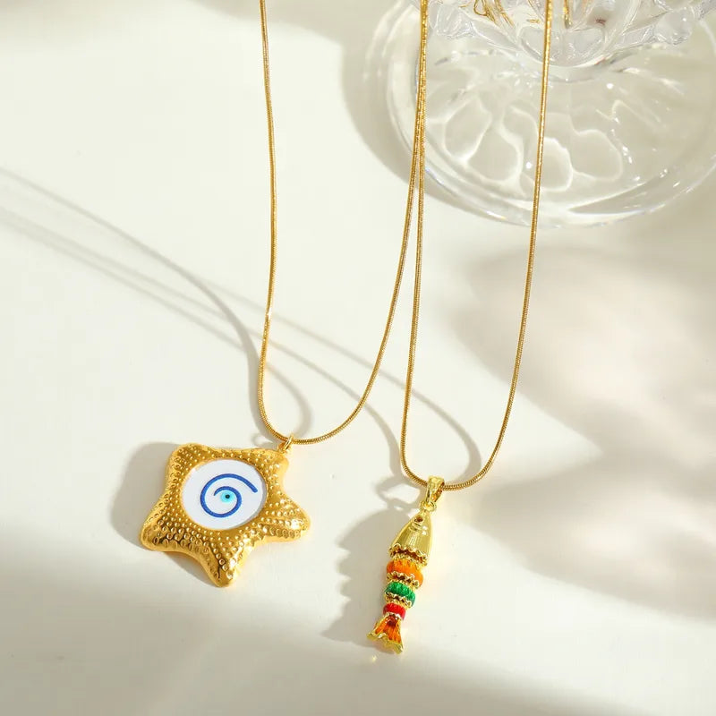 Novel Cute 18K Gold Plated Stainless Steel Starfish Pendant Necklace Drop Oil Technique Casual Elegant Simple Design Lobster Clasp