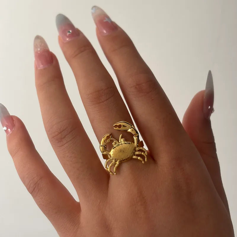 PVD Coated Real Gold Plated 18K Gold Crab 304 Stainless Steel Cute Hawaiian Simple Style Waterproof Non Tarnish Open Rings