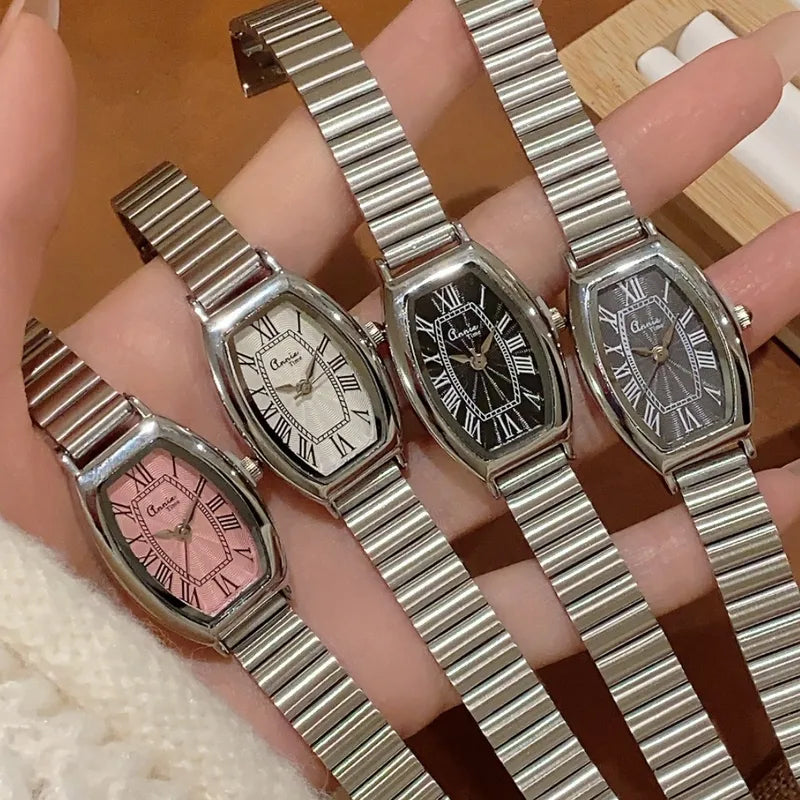 Retro Luxury Bamboo Steel Band Women's Quartz Watch Vintage Barrel Shape Wristwatch For Office Commuting Elegant Timepiece