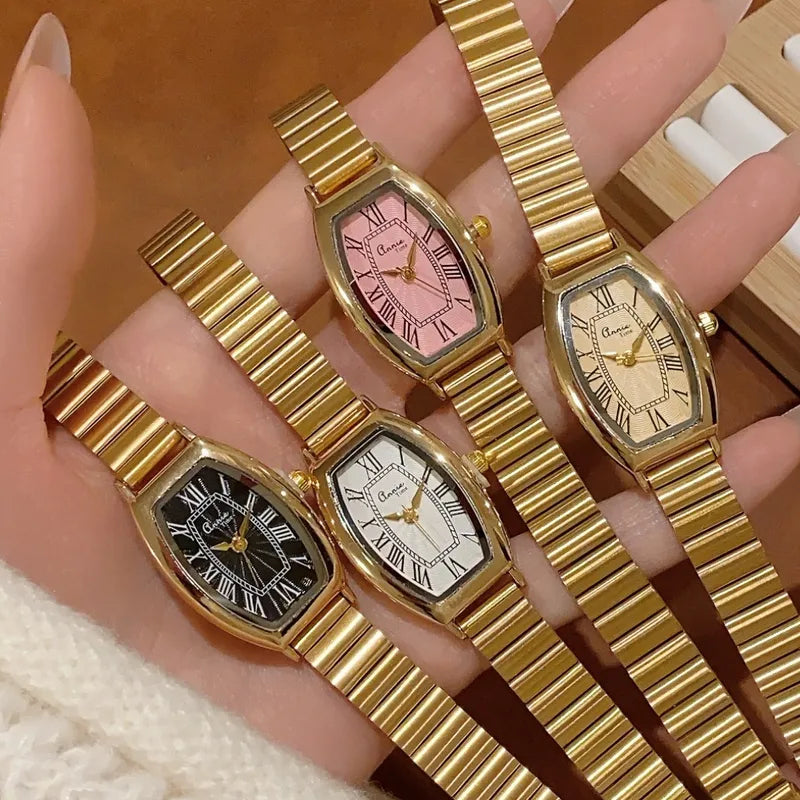 Retro Luxury Bamboo Steel Band Women's Quartz Watch Vintage Barrel Shape Wristwatch For Office Commuting Elegant Timepiece