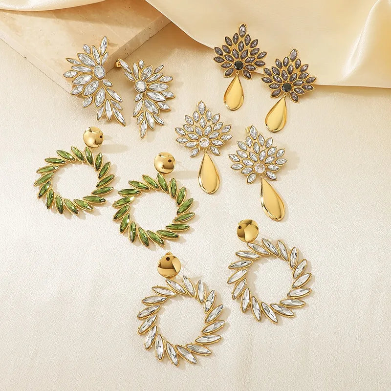 Retro Luxury Stainless Steel Earrings Women Full Drill Floral Waterdrop Fashion Small Audience Geometric Pattern Vacuum Plating