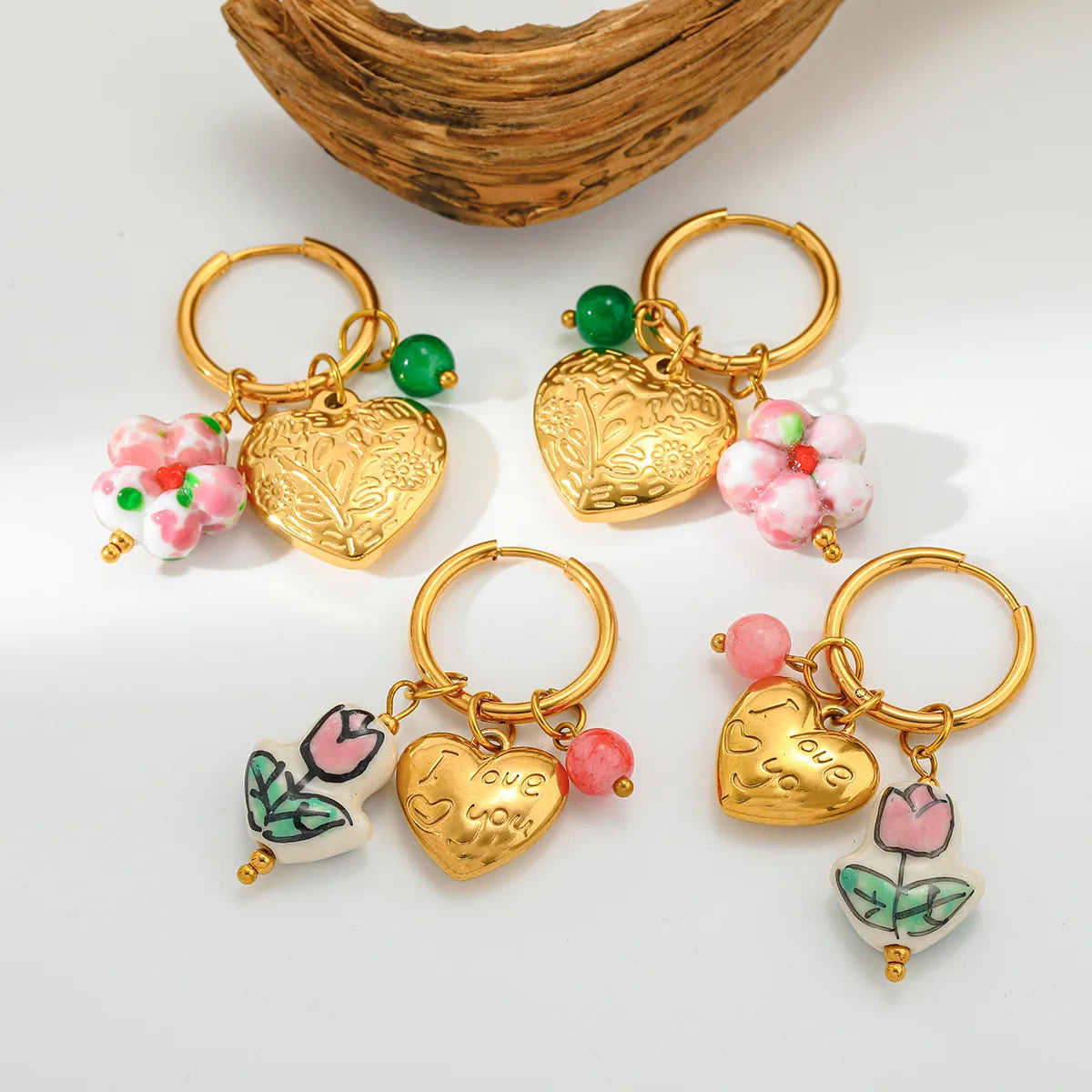 Romantic Artistic 18K Stainless Steel Ceramic Heart Flower Pendant Earrings Vintage Sweet New Style Electroplated Jewelry