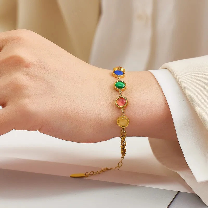 Rose Gold Plated Stainless Steel Cat's Eye Stone Bracelet Set Geometric Business Women's Vintage Bracelet