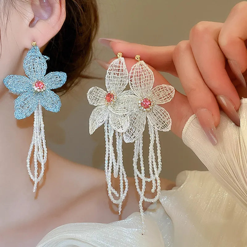 Silver Needle Diamond Embedded Fabric Flower Crystal Tassel Earrings Elegant Sweetness Women's Fashion Jewelry Accessories