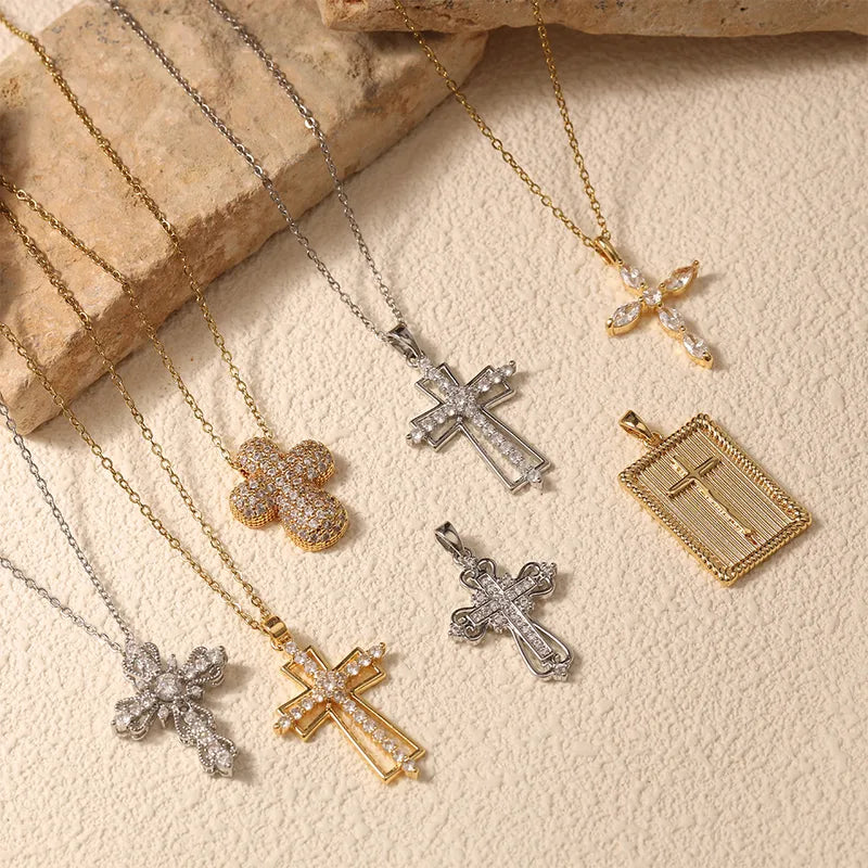 Stainless Steel Cross Necklace With Micro-Set Zircon Copper Inlay 40+5cm Adjustable Chain Fashion Jewelry Accessory
