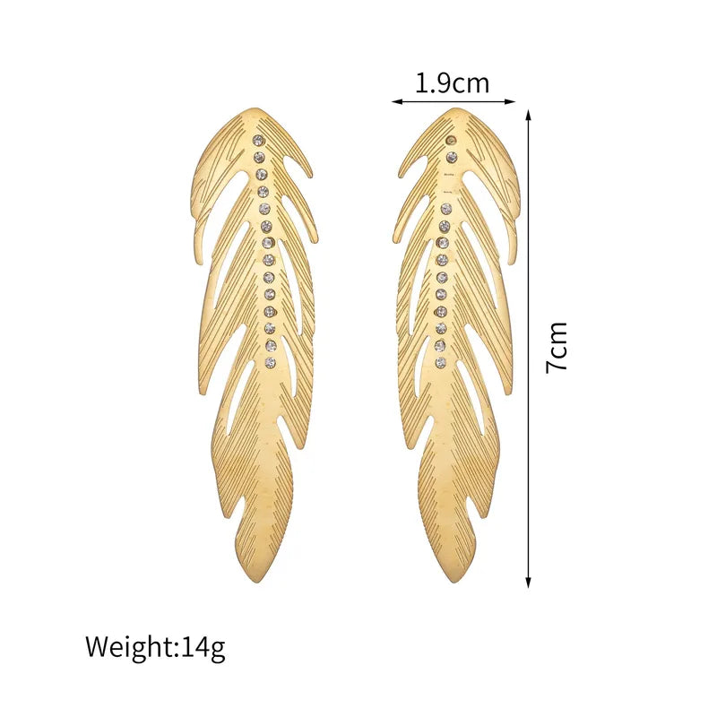 Stainless Steel Feather Inlaid Diamond Earrings Ladies Long Ear Studs Jewelry Accessories