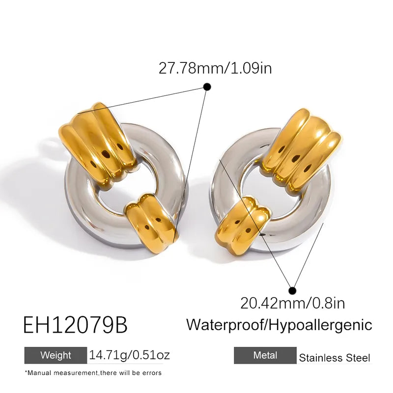 Stainless Steel Geometric Hoop Earrings Double Ring Fashion High-End Sensation Gold And Silver Color Block Metal Style Women's Jewelry