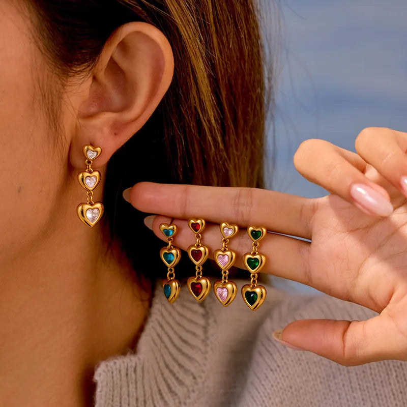 Style 18K Vacuum Electroplated 304 Stainless Steel Heart Zircon Earrings