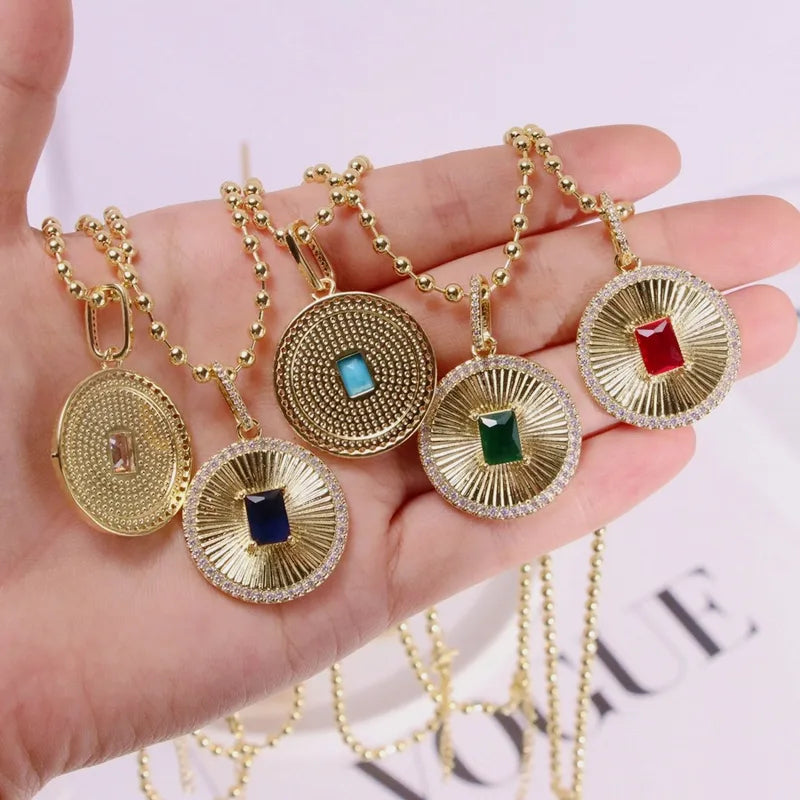 Style Hip Hop Geometric Necklace Versatile Round Pendant Micro Paved Zircon Coin Casual Travel Party All Match Gold Plated Copper Chain Lobster Clasp
