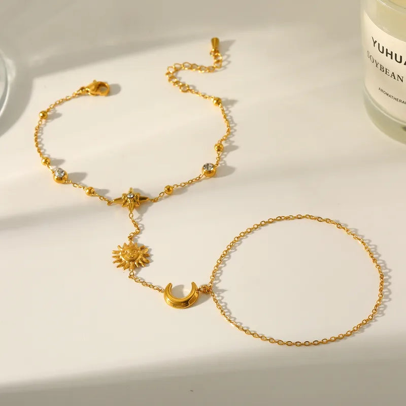 Sun Star Moon Vacuum Plating (In Furnace) 304 Stainless Steel Zircon Plated 18K Real Gold Lobster Clasp Cable Chain/Cross Chain/O Chain Bracelet For Women