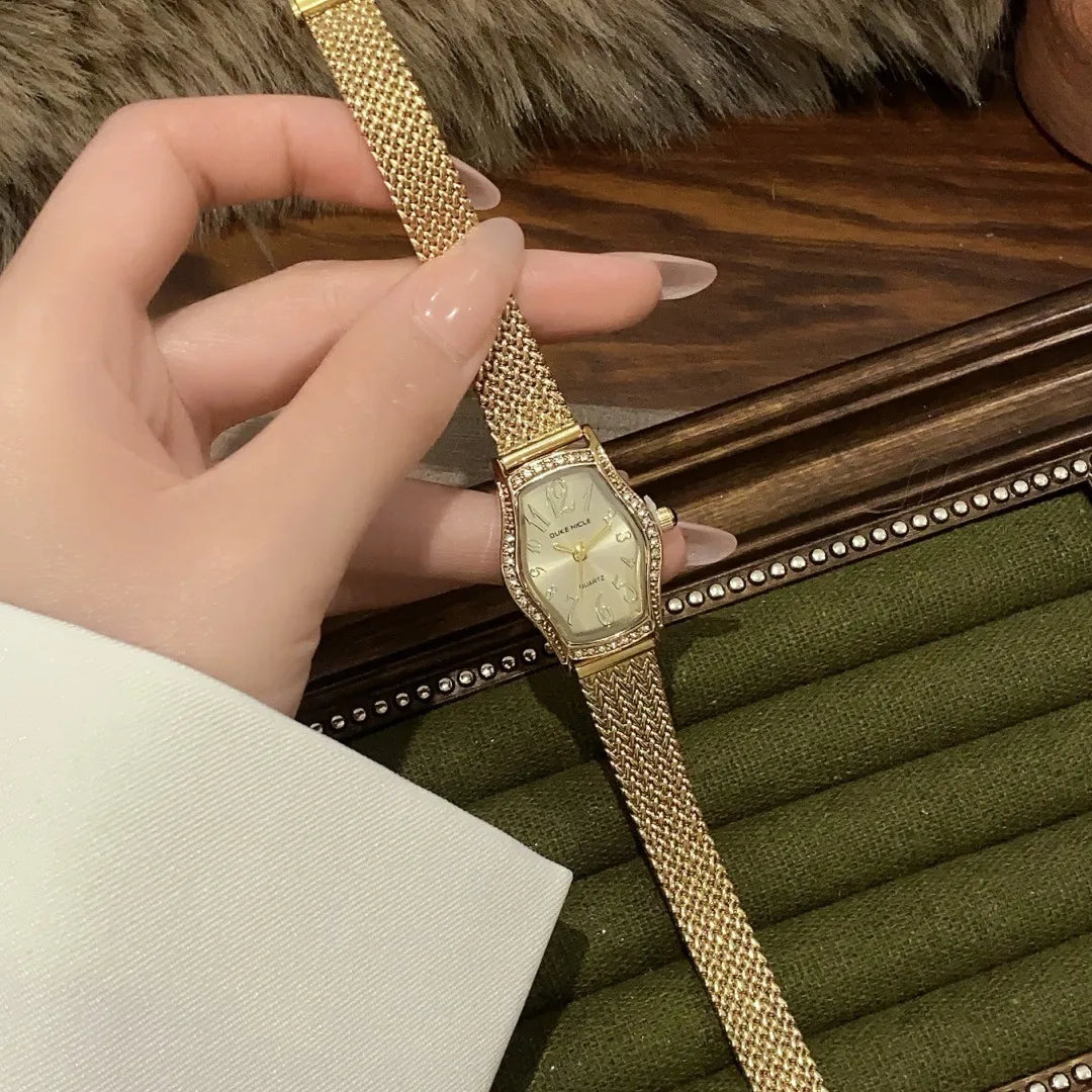 Sunlifex Gold Barrel Shaped Digital Women's Watch With Quartz Movement Vintage Style Wheat Ear Strap Luxury Timepiece