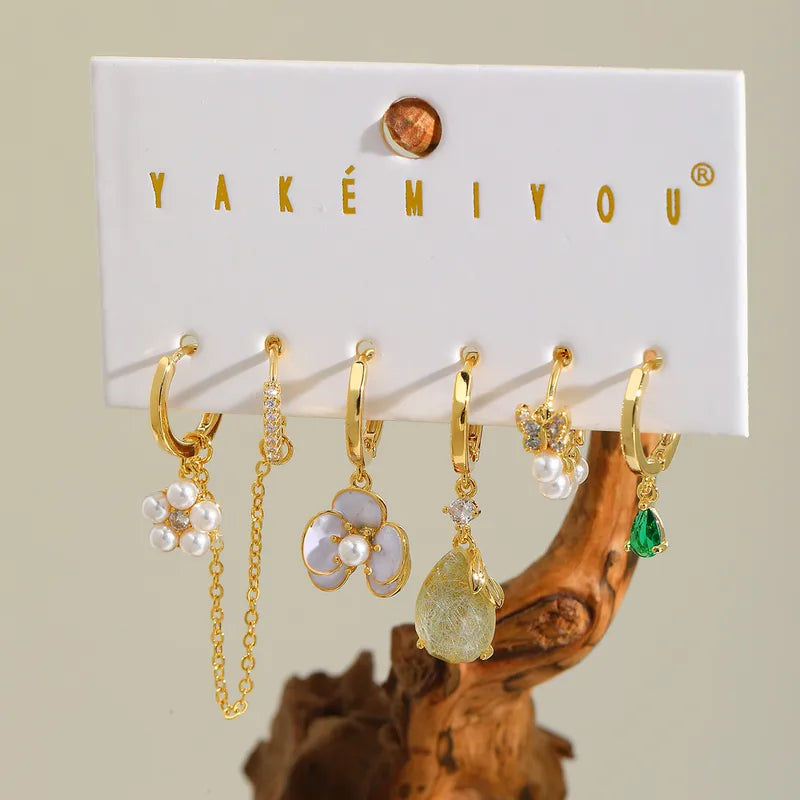 Sweet Elegant Copper Plated 14K Gold Embedded Zircon Flower Drop Earrings Set Shiny Polished Finish For Casual Birthday Party Date Selfie Festival