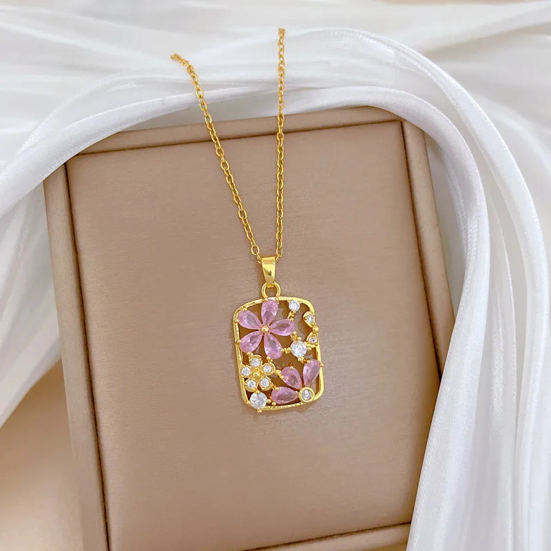 Titanium Steel Diamond Encrusted Floral Hollow Block Necklace Women's Versatile Choker Elegant Classic Style Jewelry Accessory