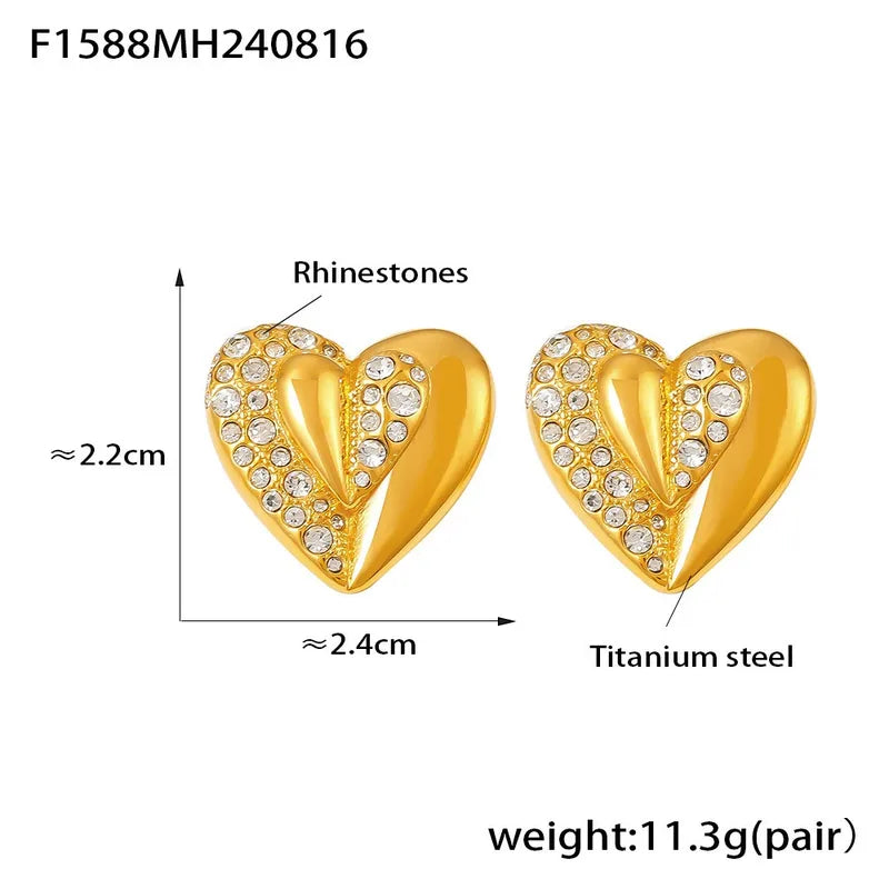 Titanium Steel Heart Shaped Stick-On Rhinestone Earrings Vintage Stainless Steel PVD Style Women's Jewelry