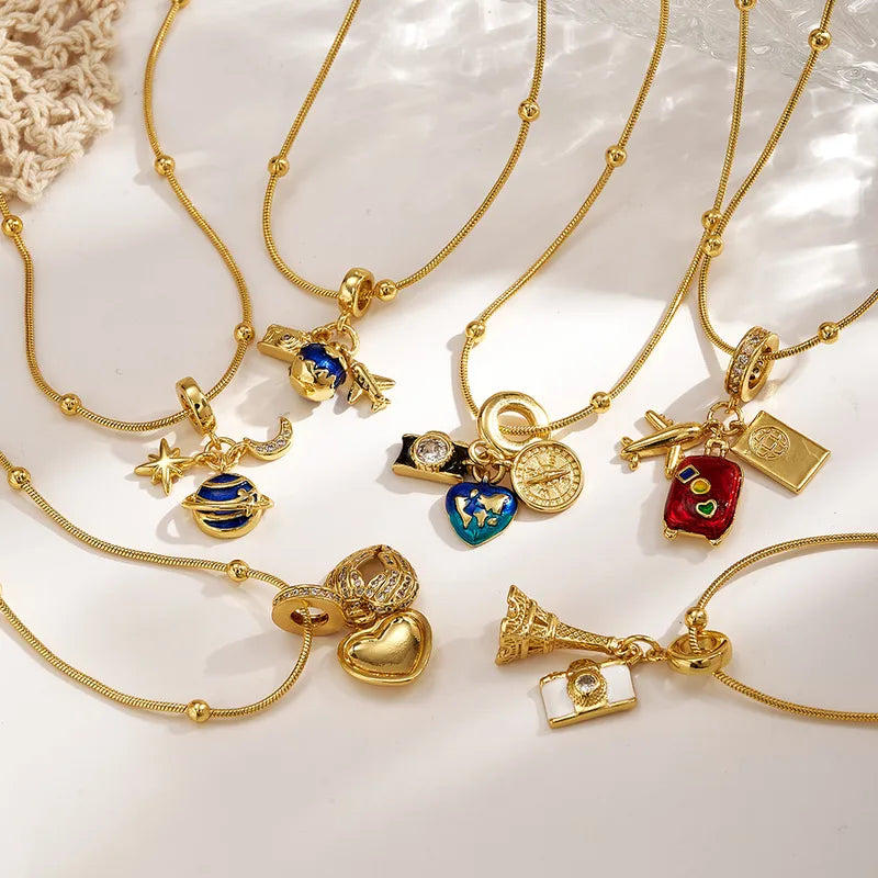 Trend Classic Ins Style Copper Water Plated 18K Real Gold Micro Inlaid Zircon Colorful Oil Drop Suitcase Heart Airplane Camera Beaded Necklace